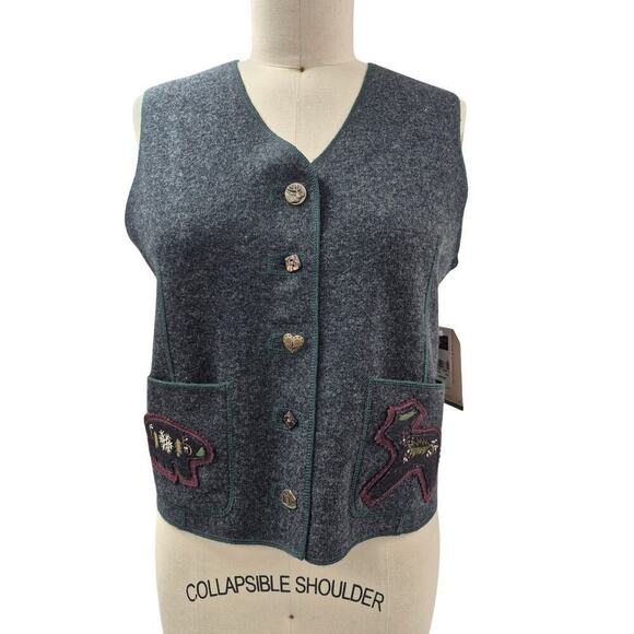 NWT Woolrich 100% Lambs Wool Charcoal Vest Bear & Deer Applique Women Sz M - Picture 2 of 10